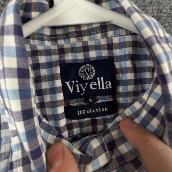 Viyella Short Sleeve Blue Purple Check Cotton Woven Medium Button Up Shirt Adult - Picture 8 of 14